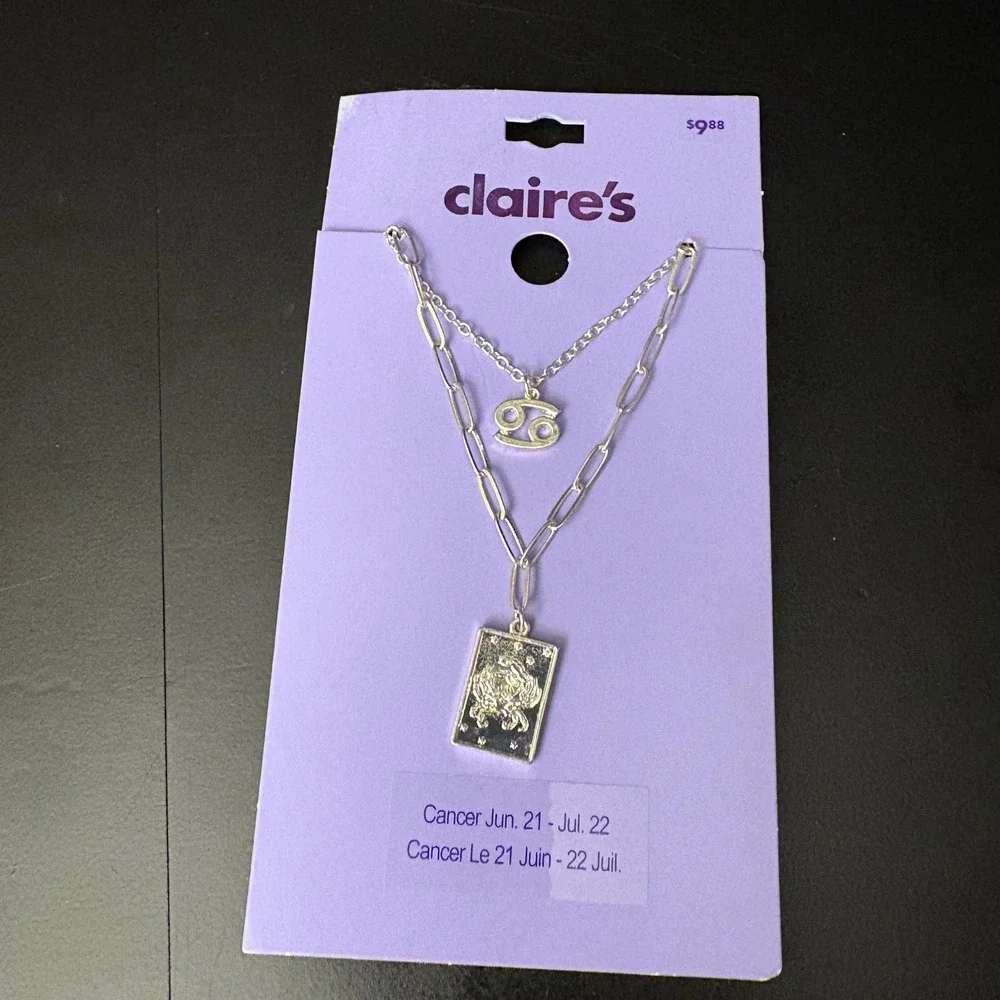 NWT‎ Claires Silver Cancer Zodiac Layered Set of 2 Necklaces July June Gift